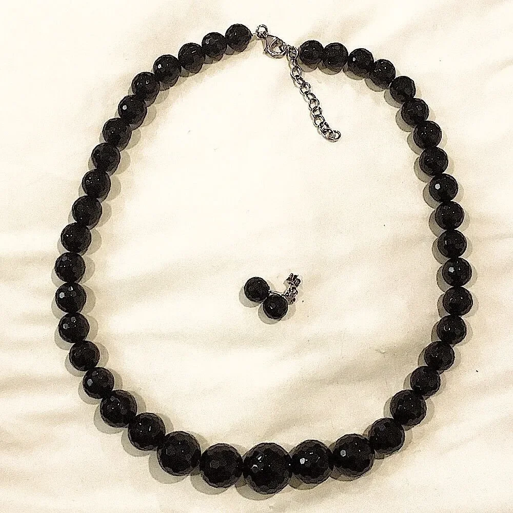 Vintage Black Onyx Faceted Necklace & Faceted Onyx Sterling Silver Earrings Set